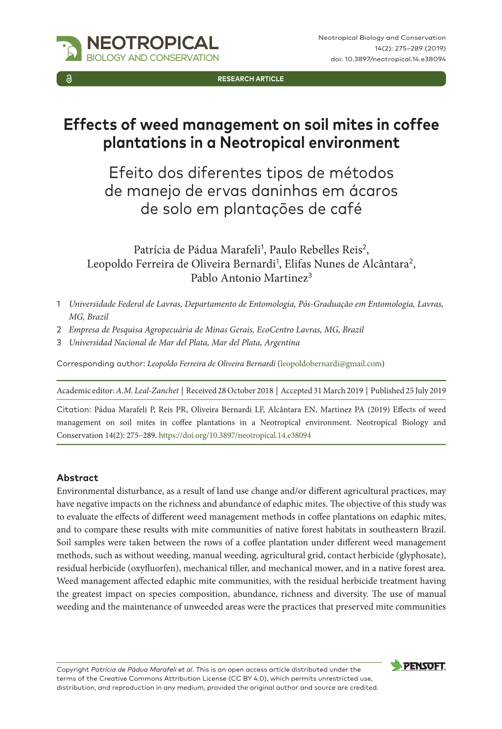 ﻿Effects of Weed Management on Soil Mites in Coffee Plantations in A