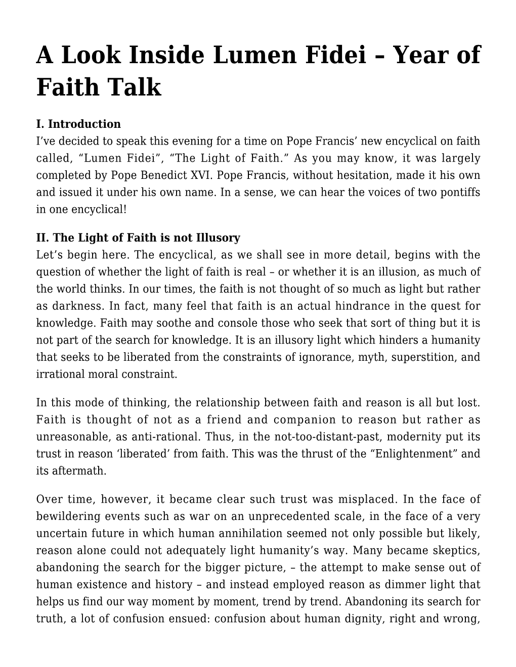 A Look Inside Lumen Fidei &#8211; Year of Faith Talk