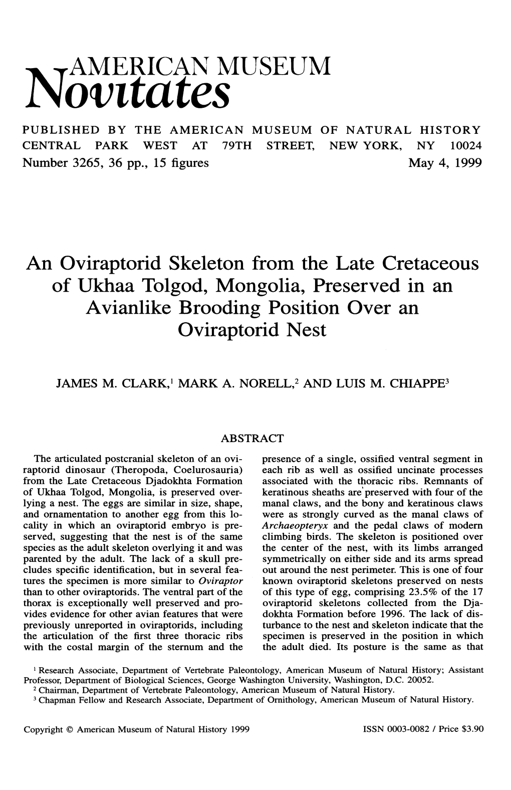 Norntates PUBLISHED by the AMERICAN MUSEUM of NATURAL HISTORY CENTRAL PARK WEST at 79TH STREET, NEW YORK, NY 10024 Number 3265, 36 Pp., 15 Figures May 4, 1999