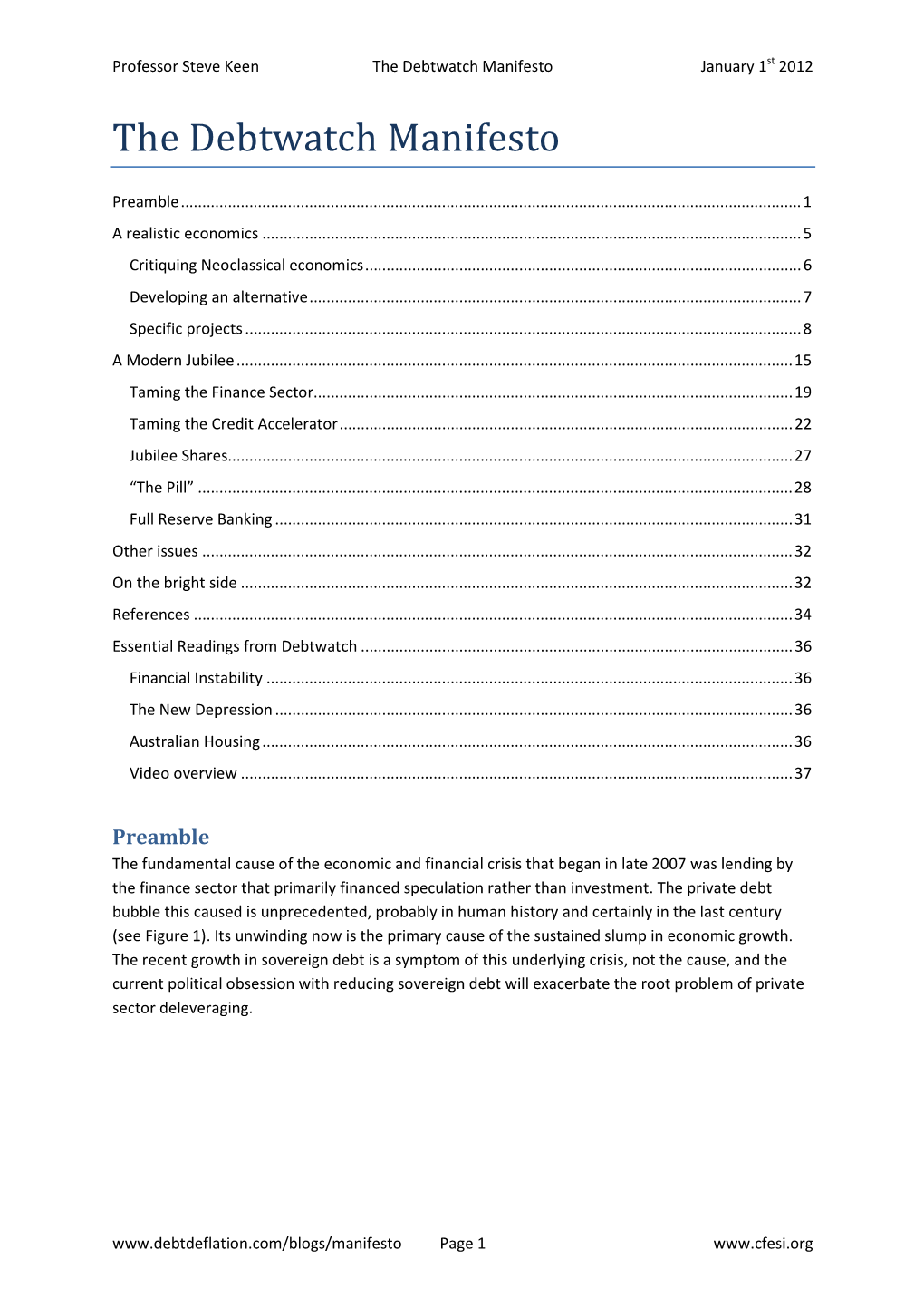 The Debtwatch Manifesto January 1 St 2012