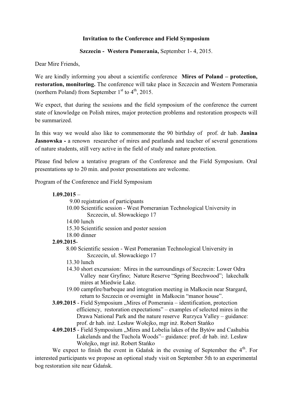 Invitation to the Conference and Field Symposium Szczecin