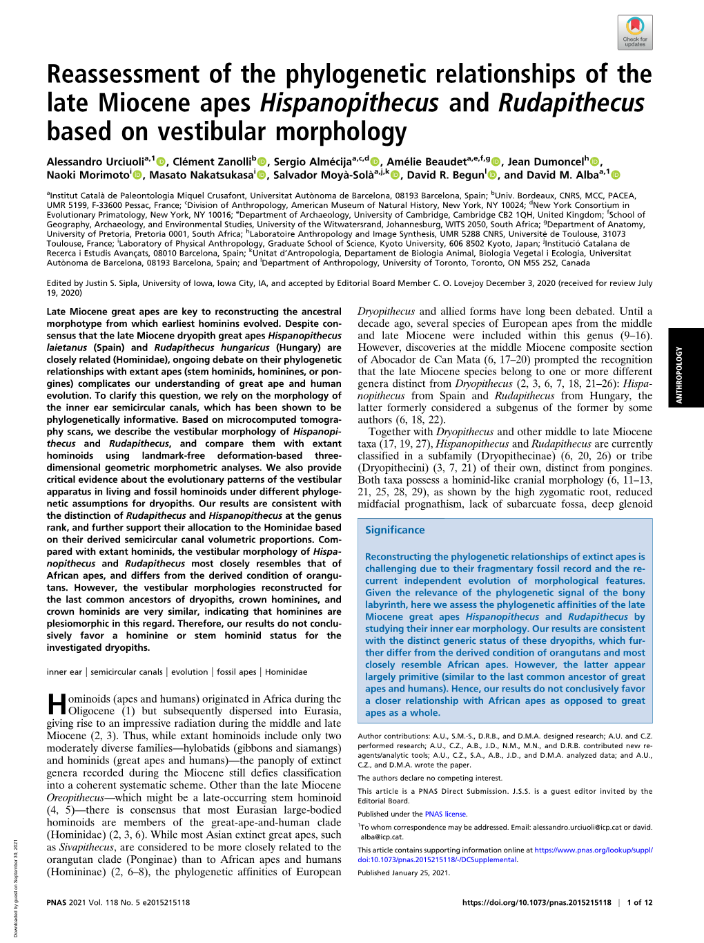 Reassessment of the Phylogenetic Relationships of the Late Miocene Apes Hispanopithecus and Rudapithecus Based on Vestibular Morphology