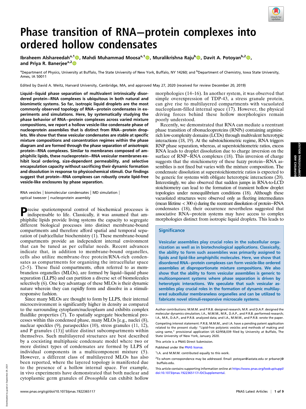 Phase Transition of RNA−Protein Complexes Into Ordered Hollow Condensates