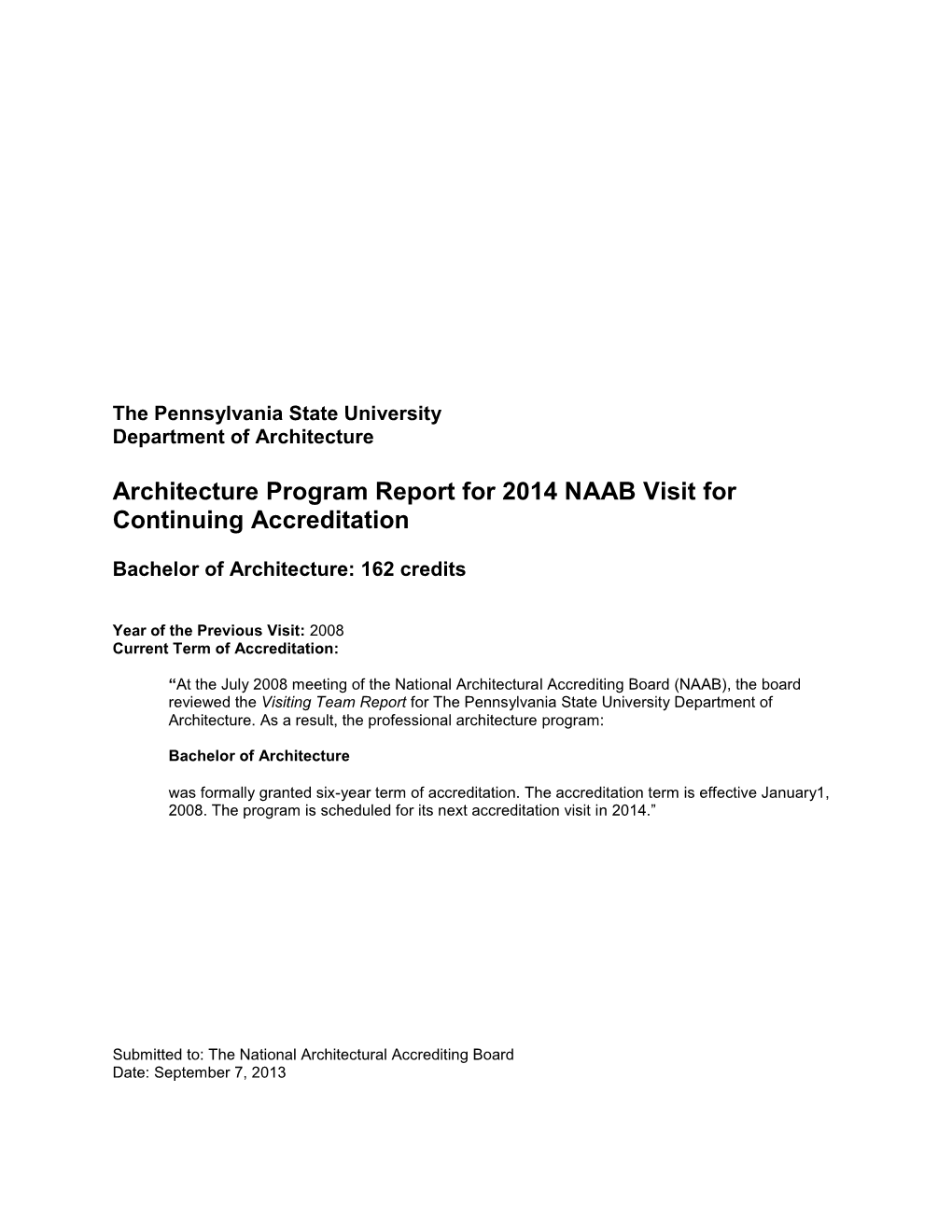 Architecture Program Report for 2014 NAAB Visit for Continuing Accreditation