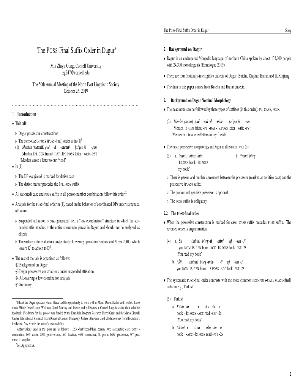 The POSS-Final Suffix Order in Dagur∗