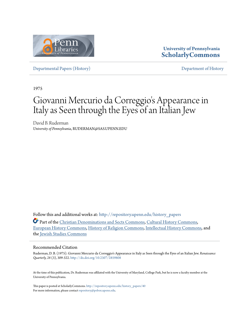 Giovanni Mercurio Da Correggio's Appearance in Italy As Seen Through the Eyes of an Italian Jew David B