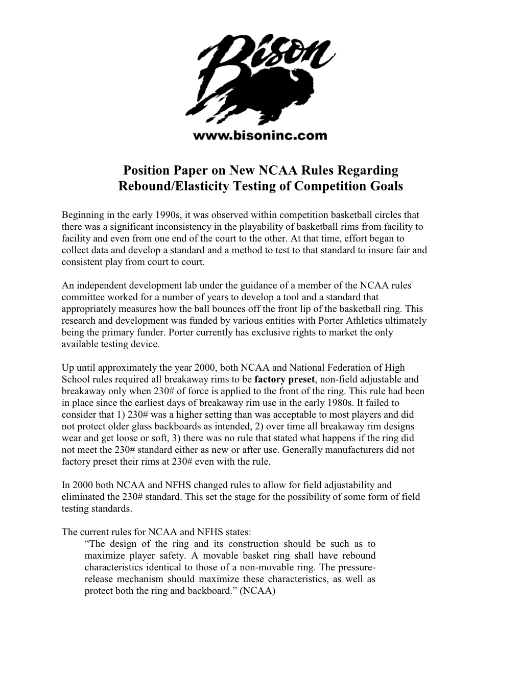 Position Paper on New NCAA Rules Regarding Rebound/Elasticity Testing of Competition Goals