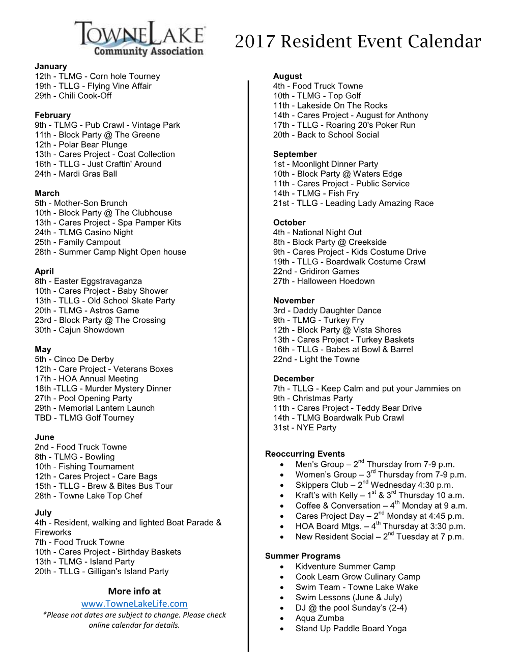 2017 Resident Event Calendar