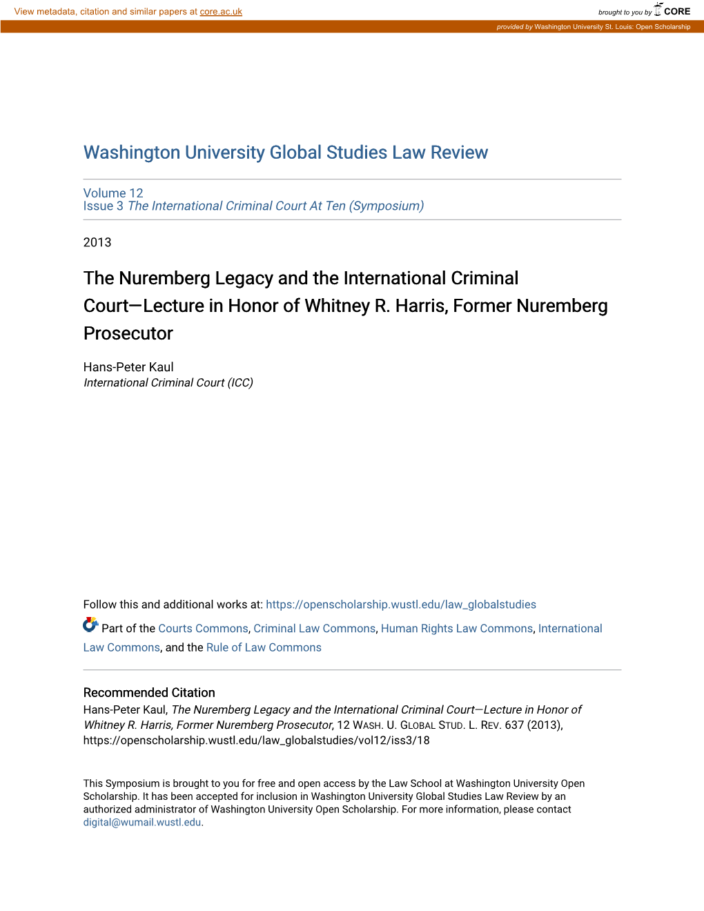 The Nuremberg Legacy and the International Criminal Court—Lecture in Honor of Whitney R