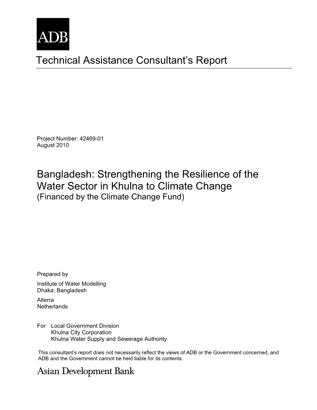 Strengthening the Resilience of the Water Sector in Khulna to Climate Change (Financed by the Climate Change Fund)