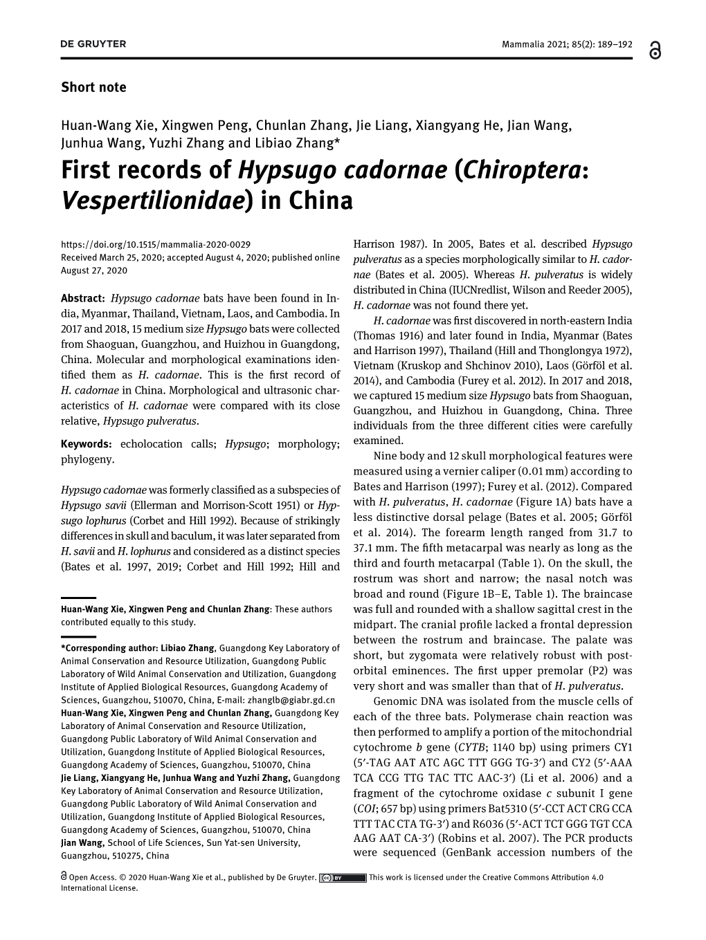 First Records of Hypsugo Cadornae (Chiroptera: Vespertilionidae) in China Harrison 1987)