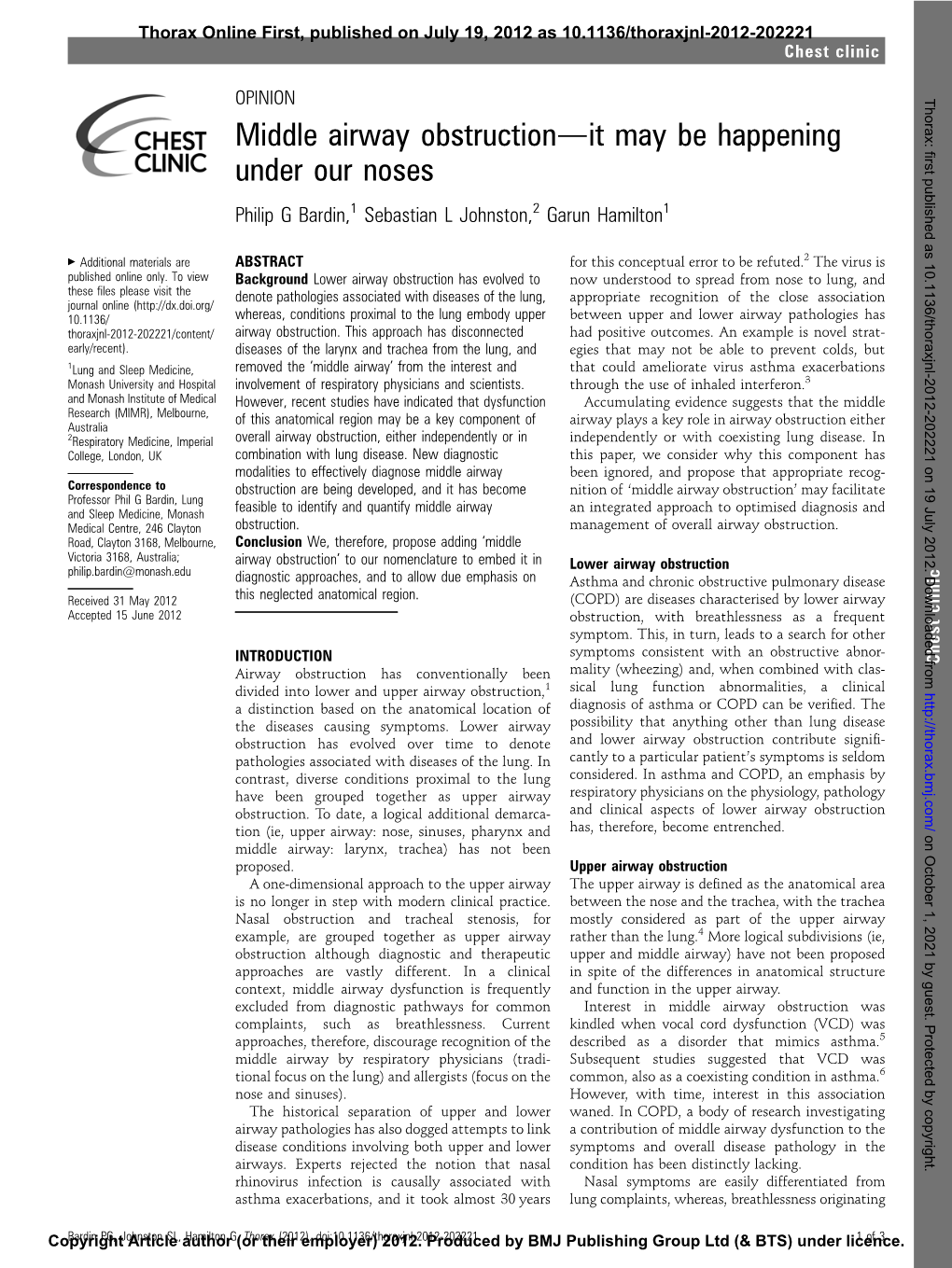 Middle Airway Obstructiondit May Be Happening Under Our Noses Philip G Bardin,1 Sebastian L Johnston,2 Garun Hamilton1