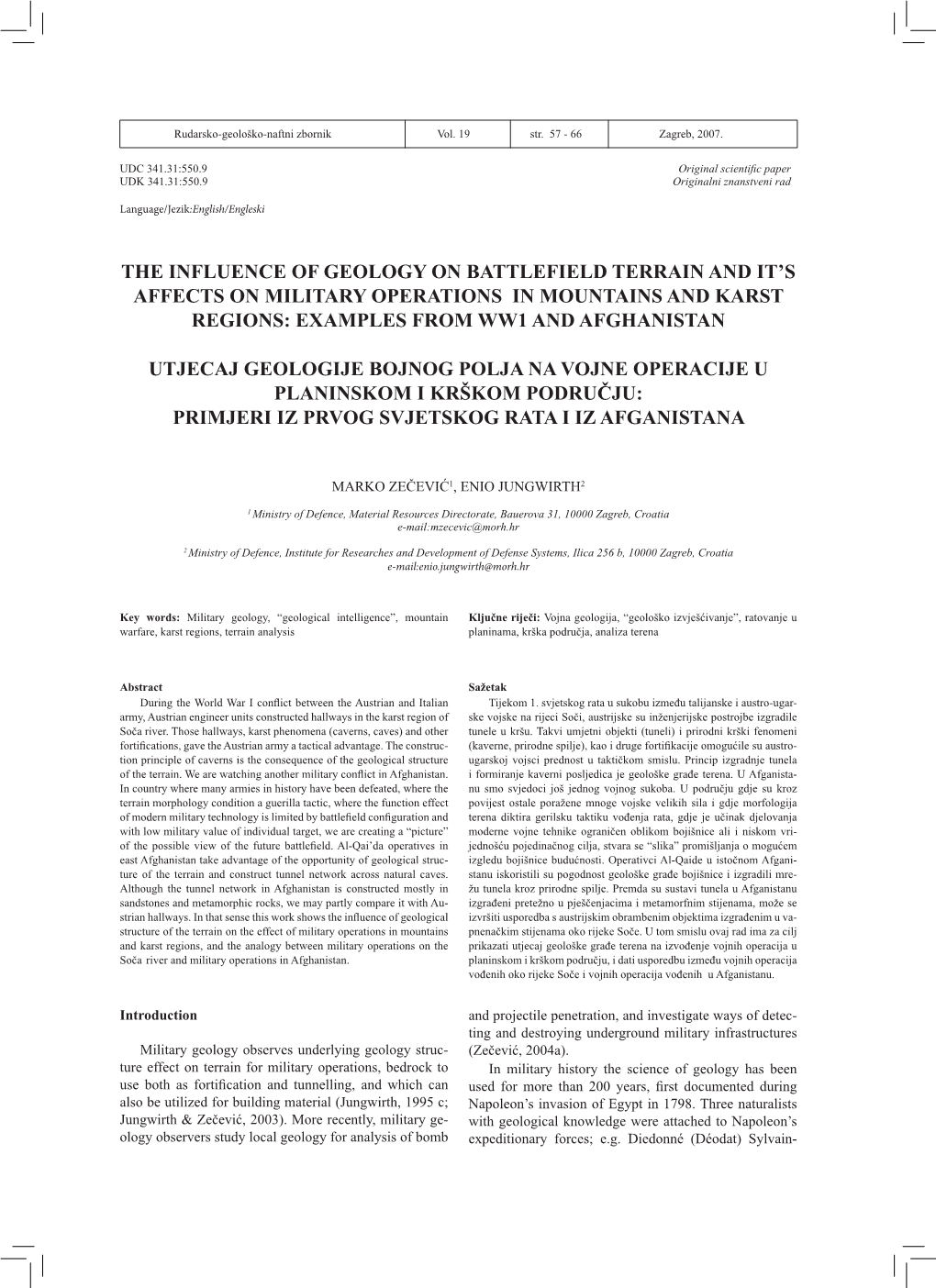 The Influence of Geology on Battlefield Terrain and It's Affects on Military Operations in Mountains and Karst Regions: Examp