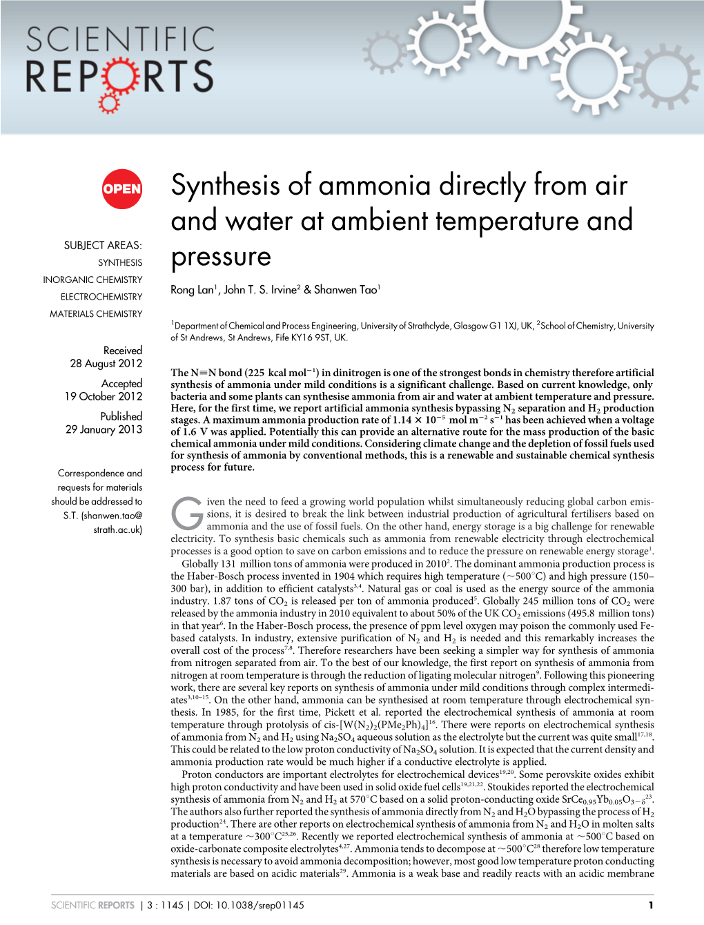 Synthesis of Ammonia Directly from Air and Water at Ambient Temperature and SUBJECT AREAS: SYNTHESIS Pressure INORGANIC CHEMISTRY Rong Lan1, John T