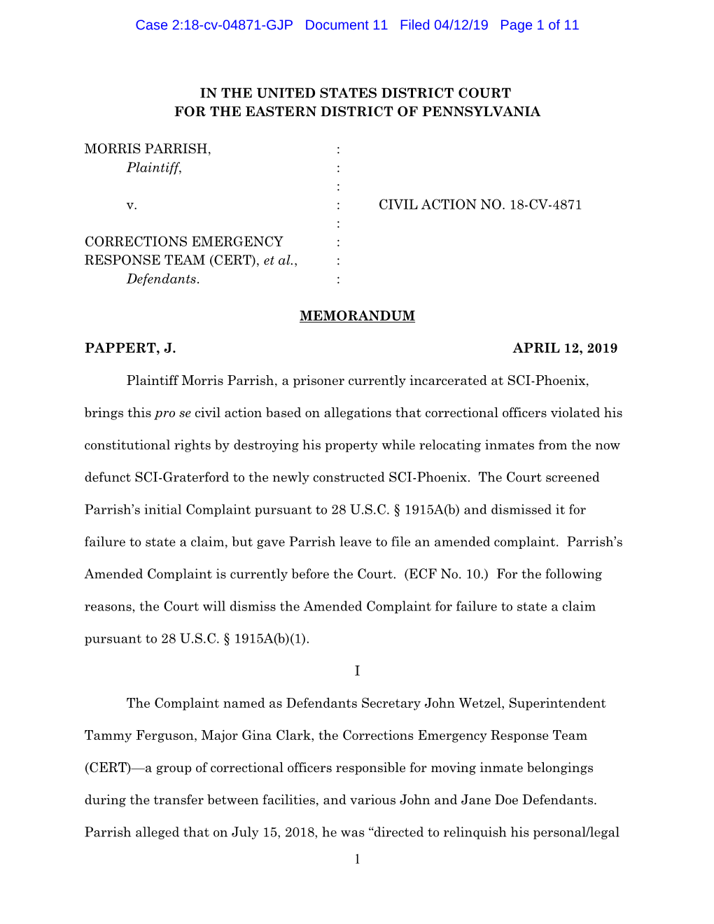 1 Case 2:18-Cv-04871-GJP Document 11 Filed 04/12/19 Page 1 of 11