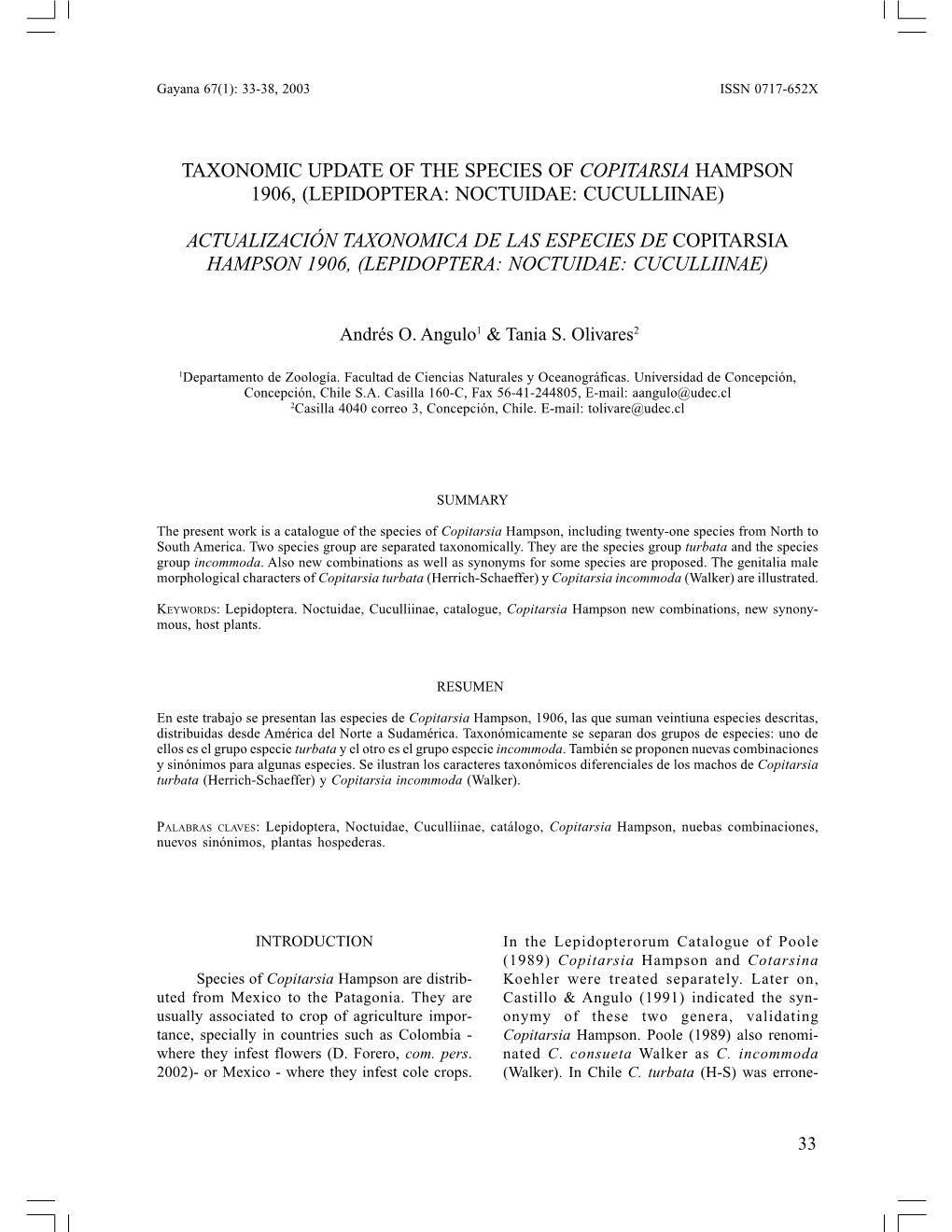 Taxonomic Update of the Species of Copitarsia Hampson 1906, (Lepidoptera: Noctuidae: Cuculliinae)