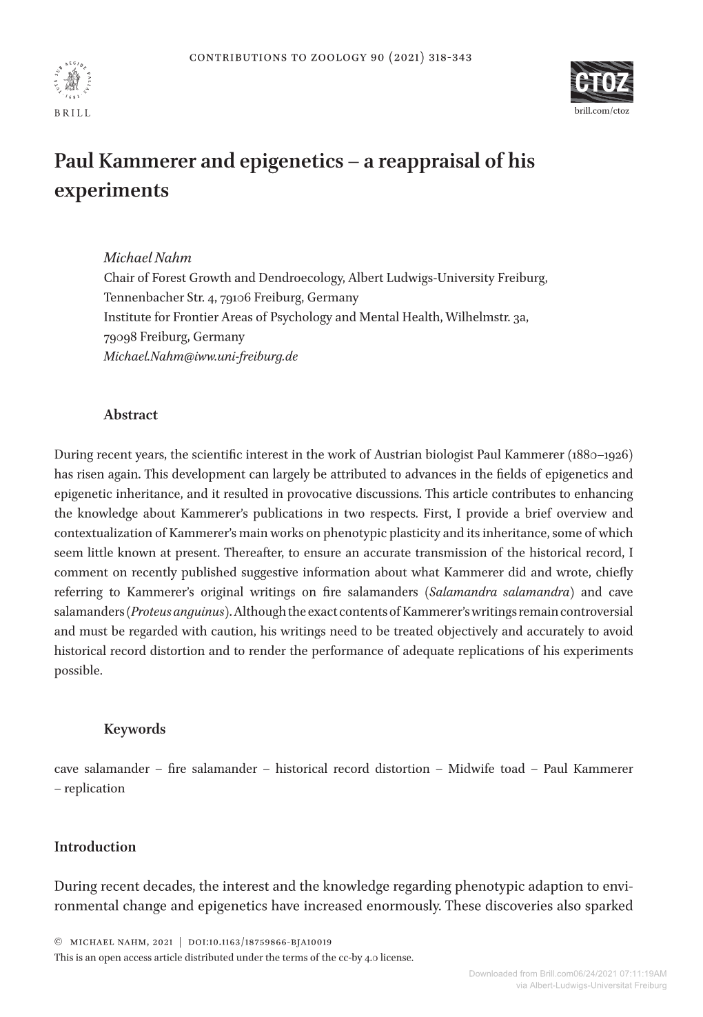 Paul Kammerer and Epigenetics – a Reappraisal of His Experiments