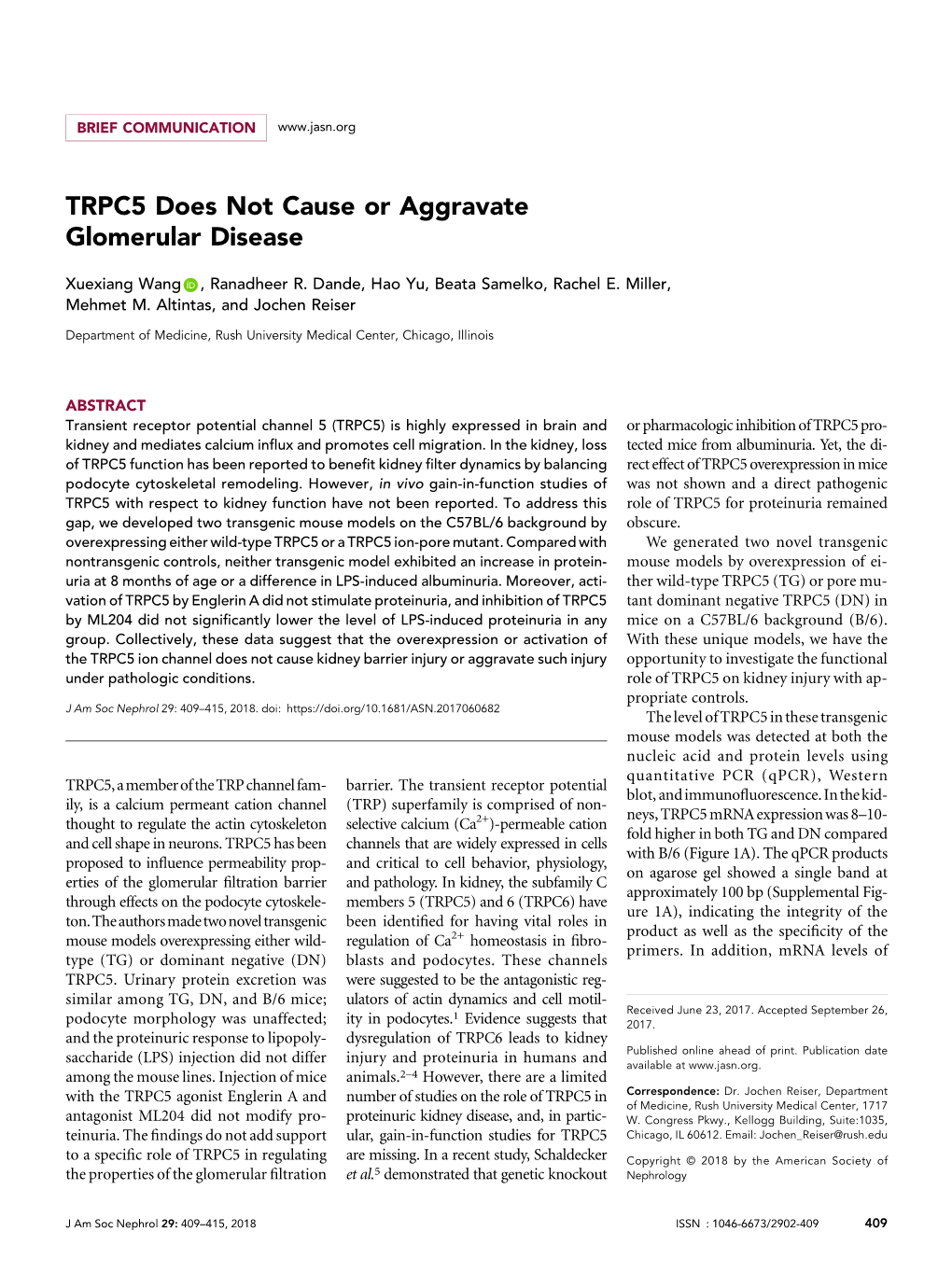 TRPC5 Does Not Cause Or Aggravate Glomerular Disease