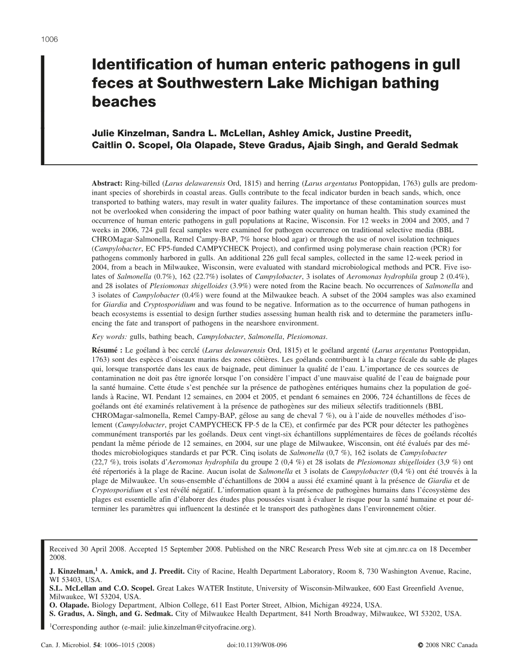 Identification of Human Enteric Pathogens in Gull Feces at Southwestern Lake Michigan Bathing Beaches
