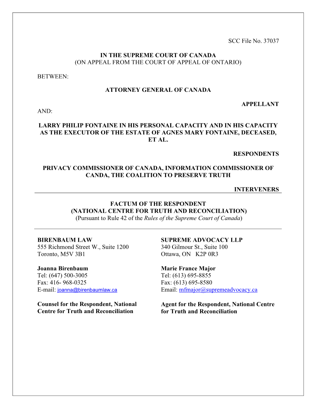 SCC File No. 37037 in the SUPREME COURT of CANADA