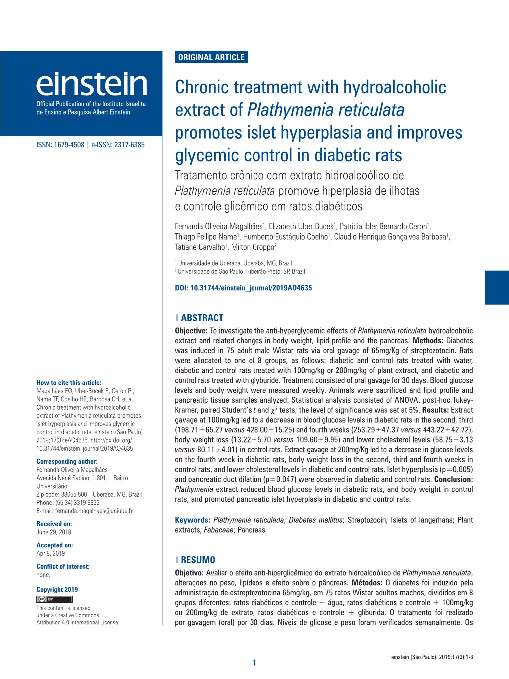 Chronic Treatment with Hydroalcoholic Extract of Plathymenia Reticulata Promotes Islet Hyperplasia and Improves Glycemic Control in Diabetic Rats