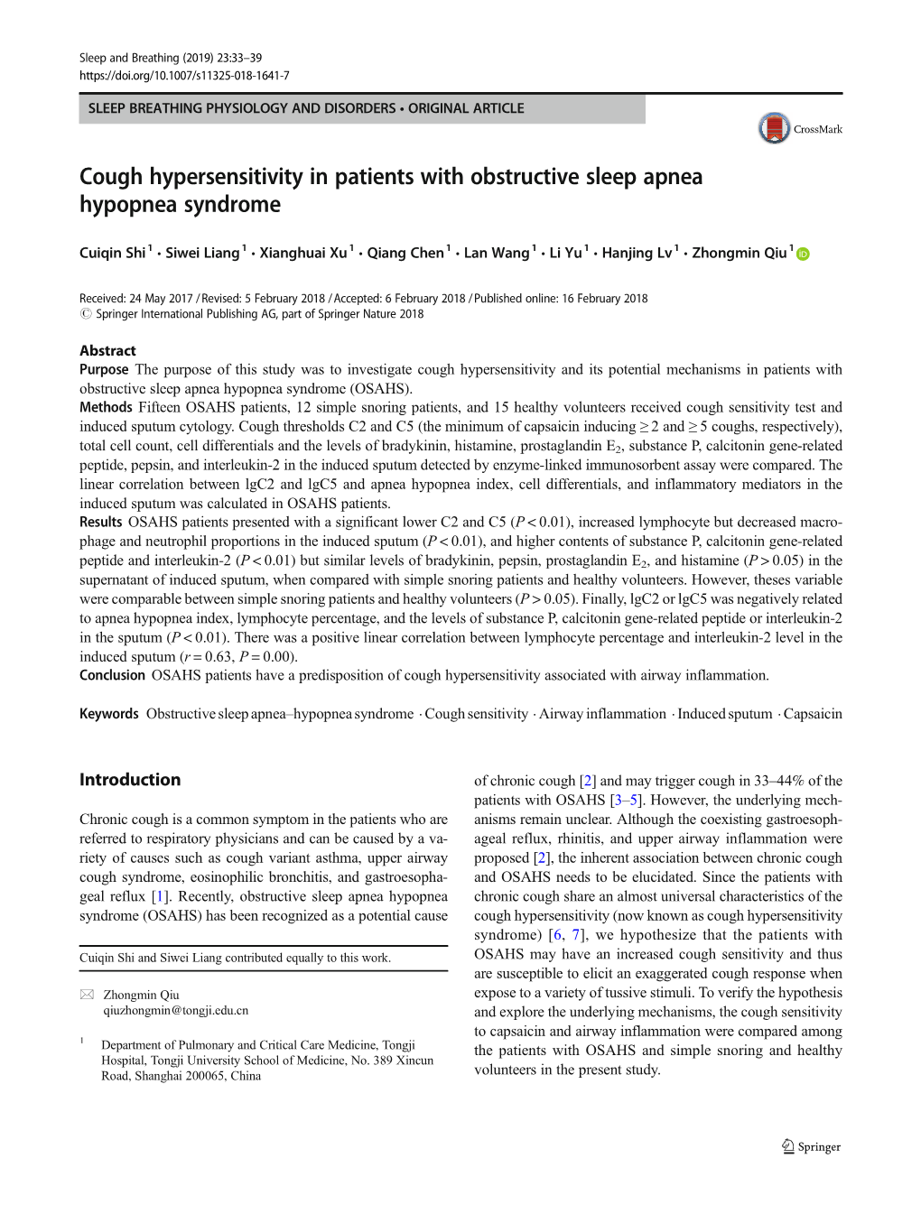 Cough Hypersensitivity in Patients with Obstructive Sleep Apnea Hypopnea Syndrome