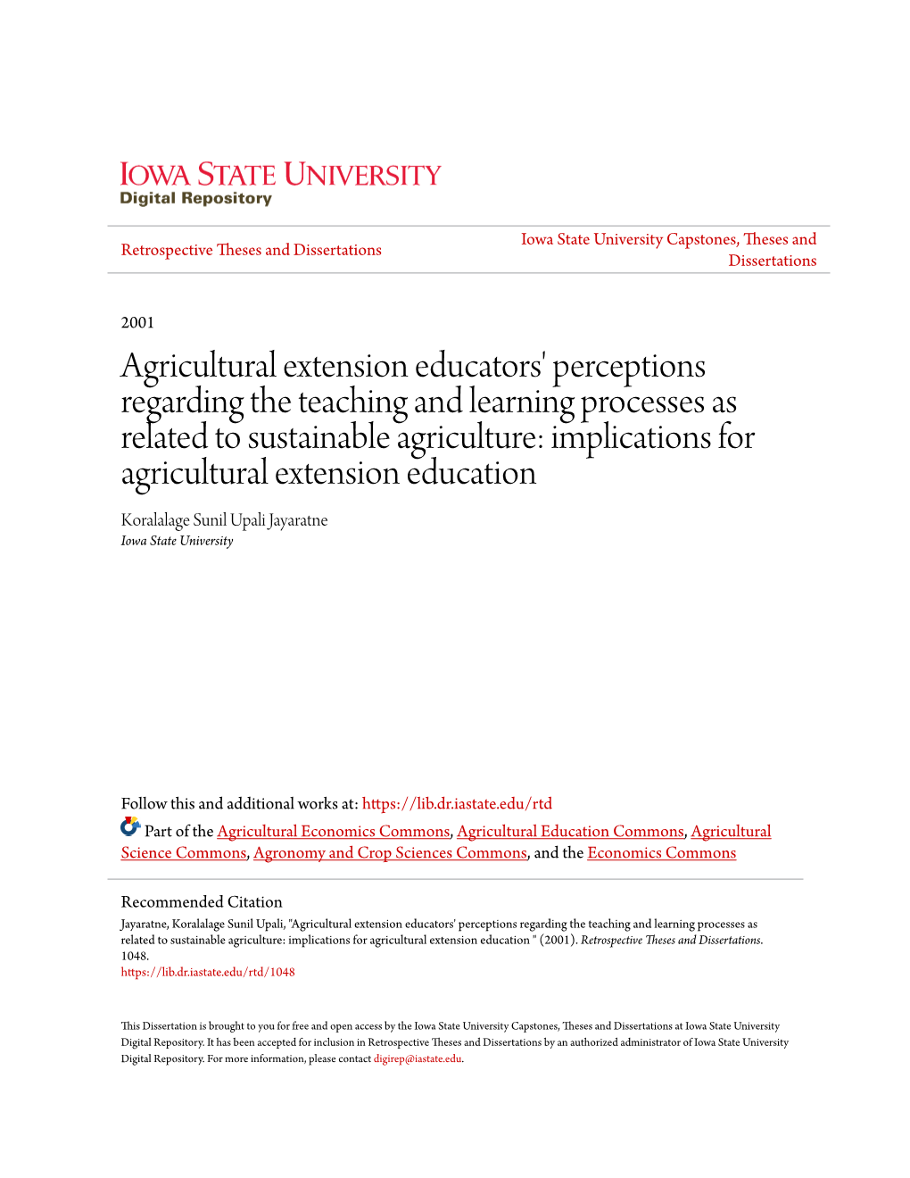 Agricultural Extension Educators' Perceptions Regarding the Teaching