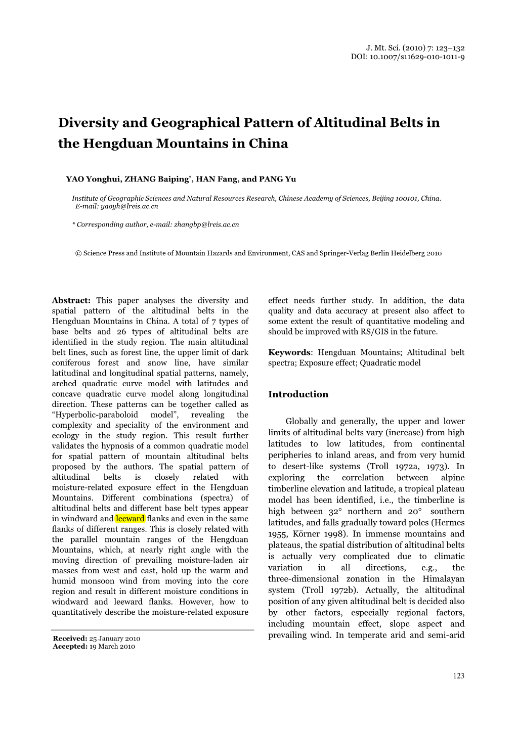 Diversity and Geographical Pattern of Altitudinal Belts in the Hengduan Mountains in China