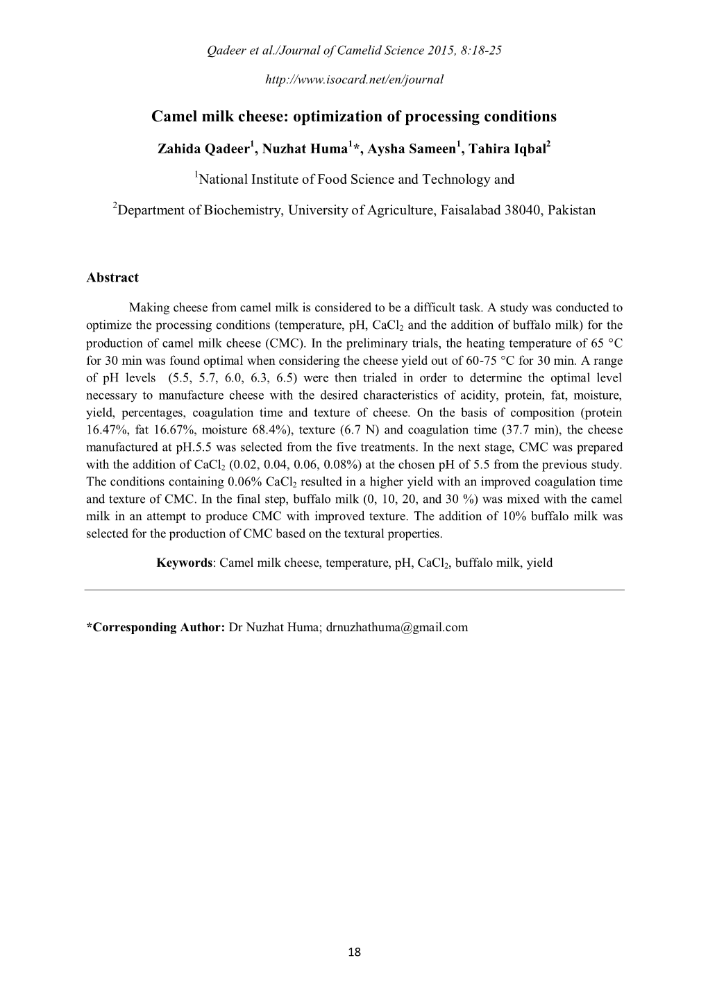 Camel Milk Cheese: Optimization of Processing Conditions