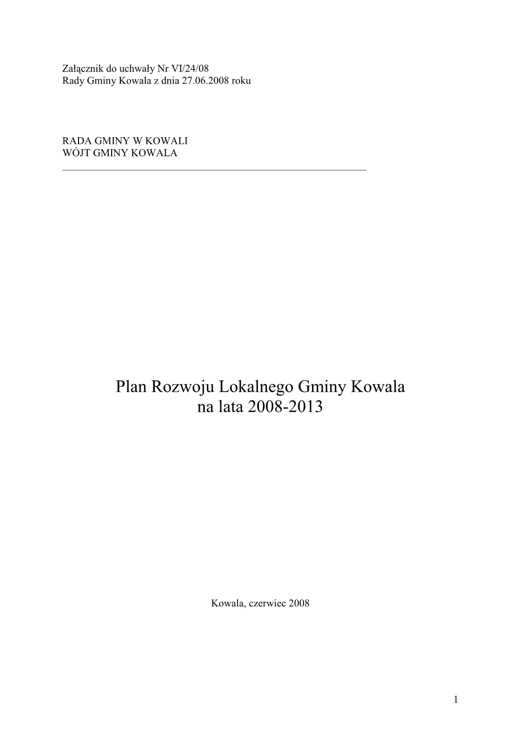 Plan Rozwoju Lokalnego Gminy Kowala Na Lata 2008-2013