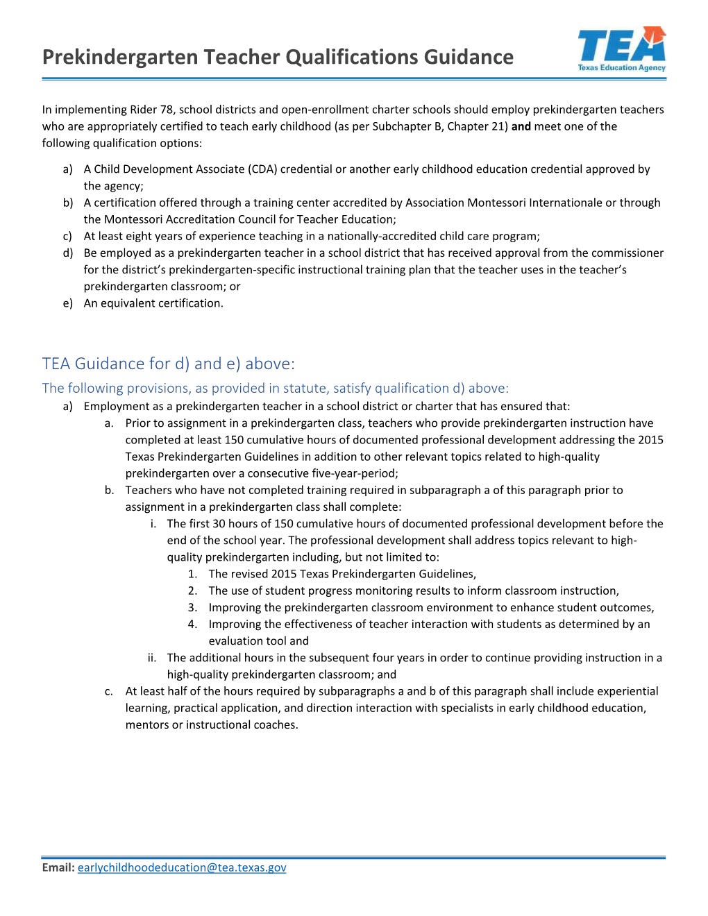 Prekindergarten Teacher Qualification Guidance