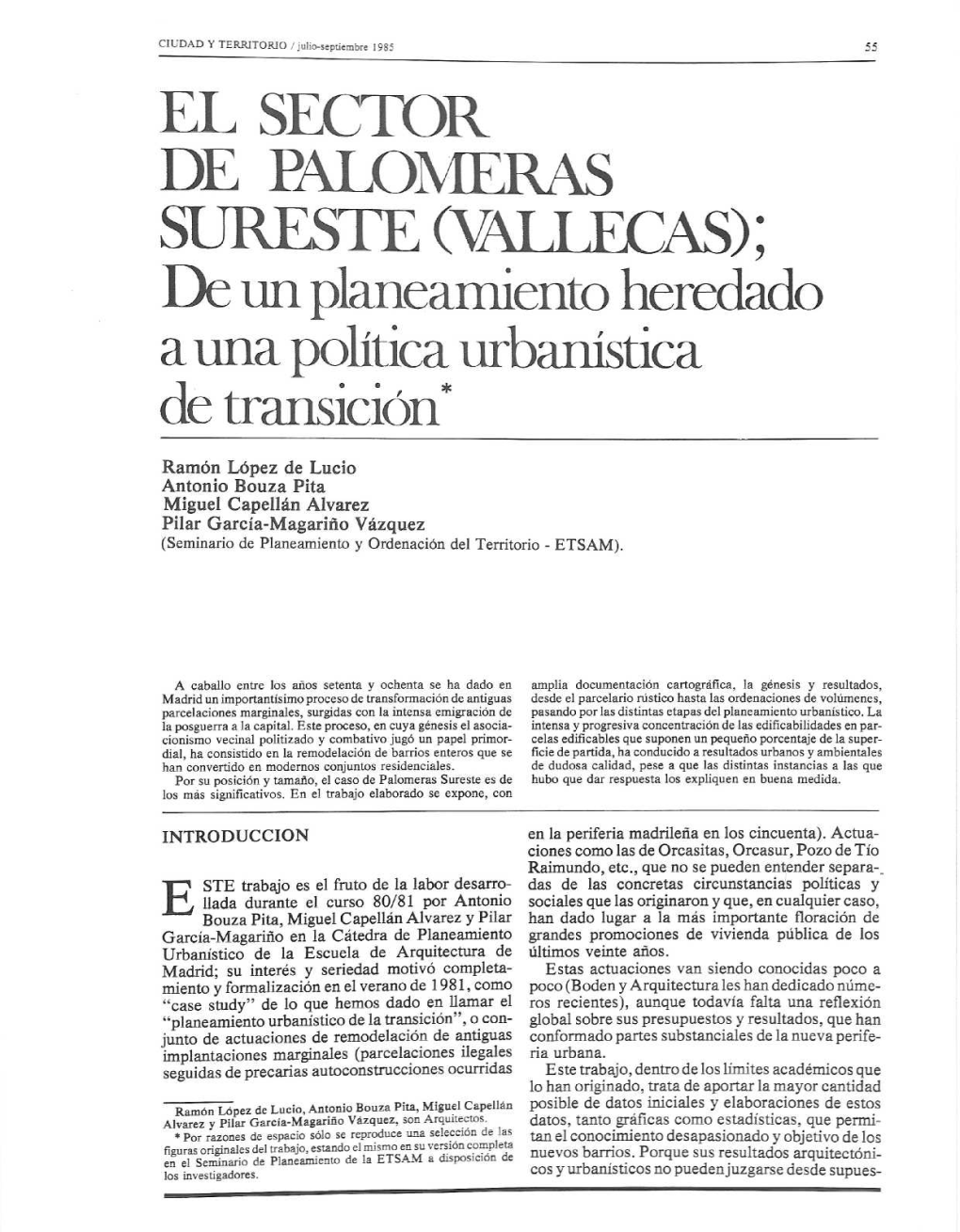 VALLECAS) ; De Un Planeamiento Heredado a Una Politica Urbanística De Transicion