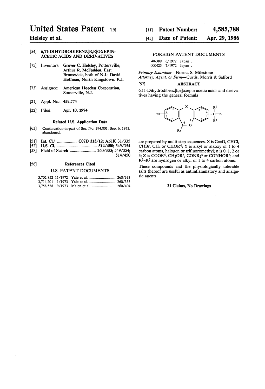 United States Patent (19) 11) Patent Number: 4,585,788 Helsley Et Al