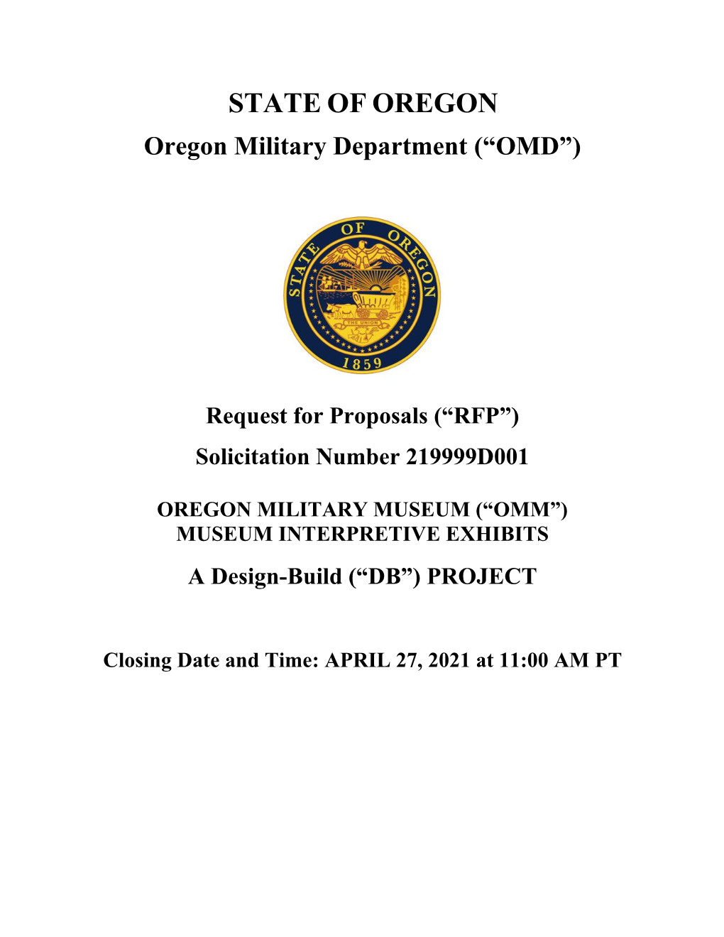 STATE of OREGON Oregon Military Department (“OMD”)