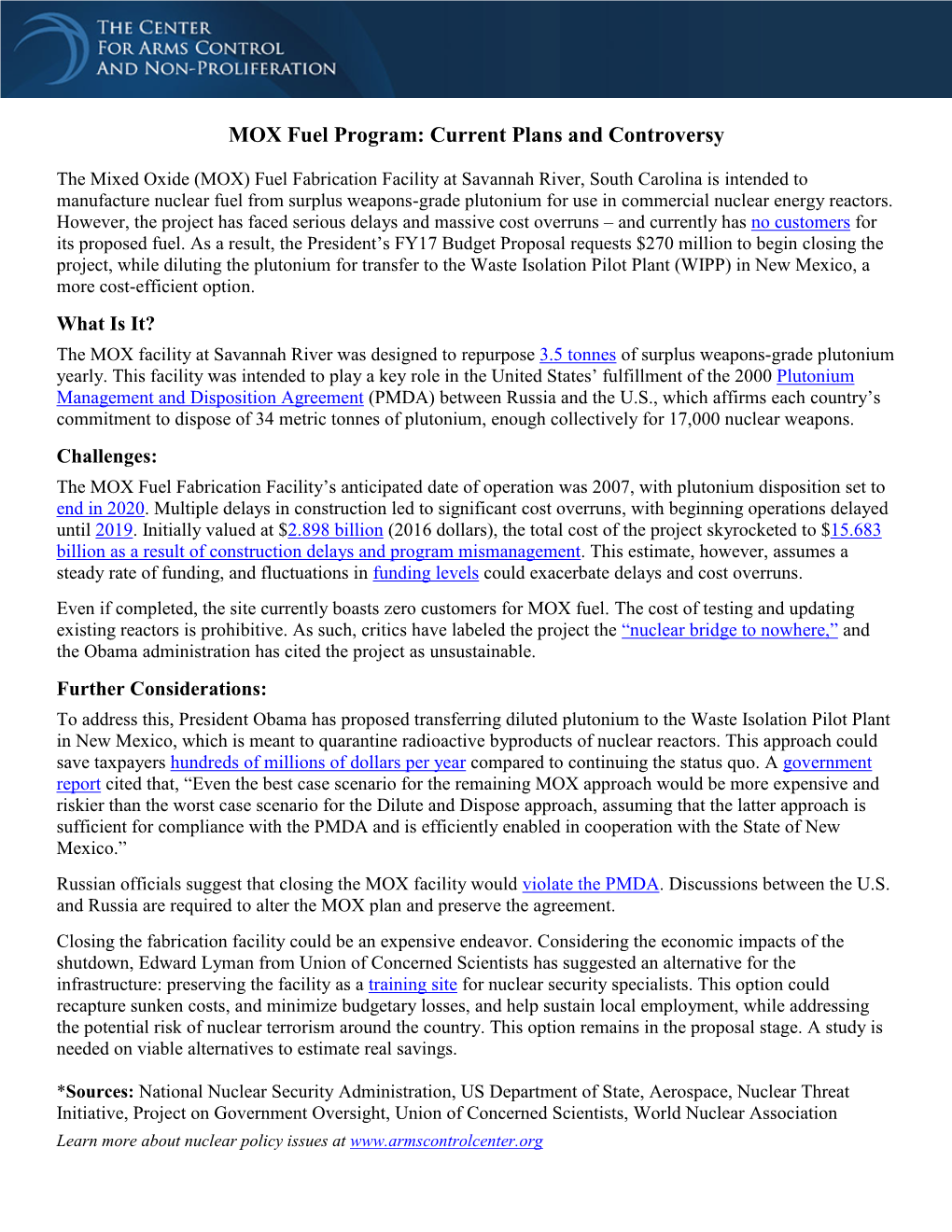 MOX Fuel Program: Current Plans and Controversy