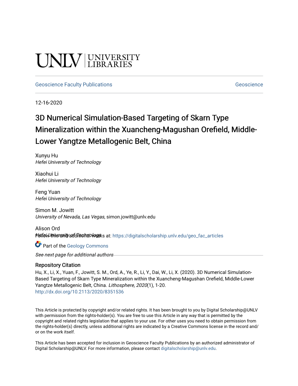 3D Numerical Simulation-Based Targeting of Skarn Type Mineralization Within the Xuancheng-Magushan Orefield, Middle-Lower Yangtze Metallogenic Belt, China