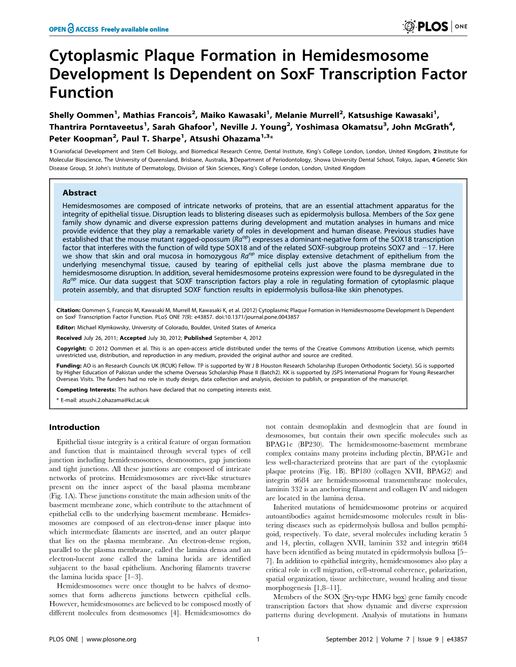 Cytoplasmic Plaque Formation in Hemidesmosome Development Is Dependent on Soxf Transcription Factor Function