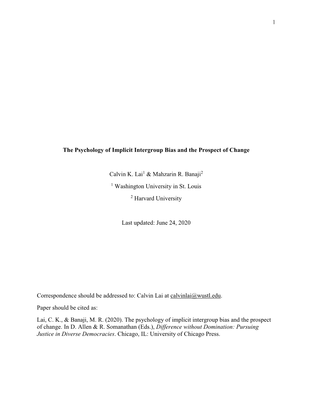 1 the Psychology of Implicit Intergroup Bias and the Prospect Of