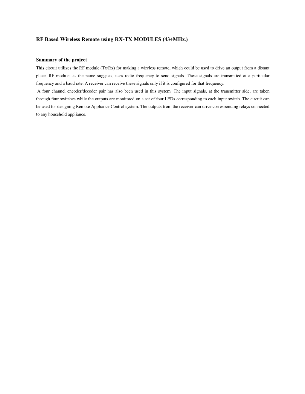 RF Based Wireless Remote Using RX-TX MODULES (434Mhz.)