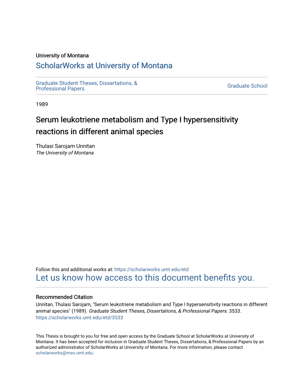 Serum Leukotriene Metabolism and Type I Hypersensitivity Reactions in Different Animal Species