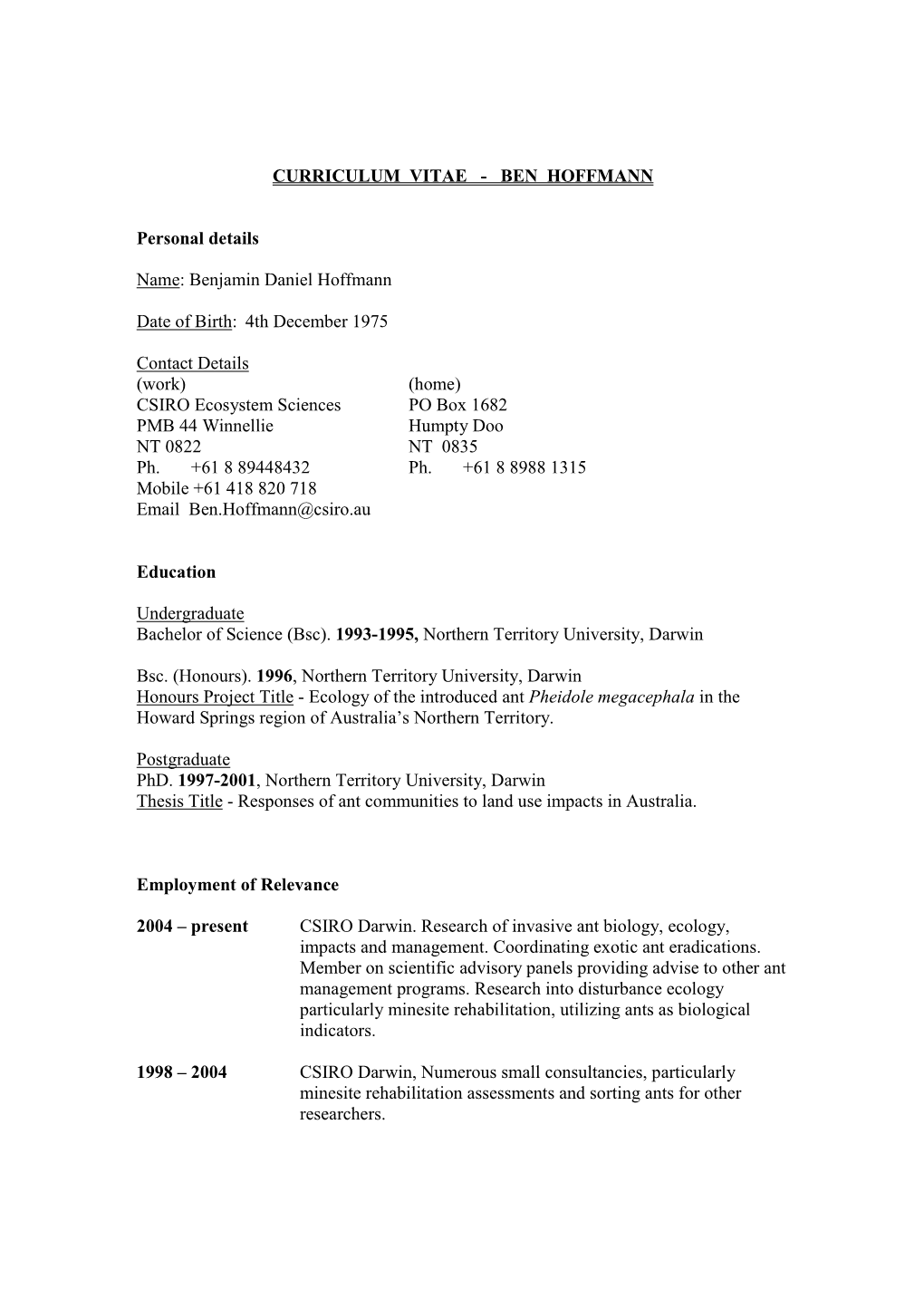 Ben Hoffmann CV