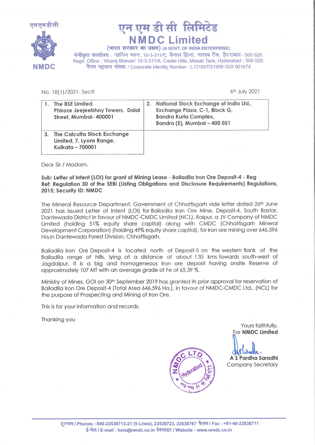 Bailadila Iron Ore Deposit-4 • Reg Ref: Regulation 30 of the SEBI (Listing Obligations and Disclosure Requirements) Regulations, 2015; Security 10: NMDC