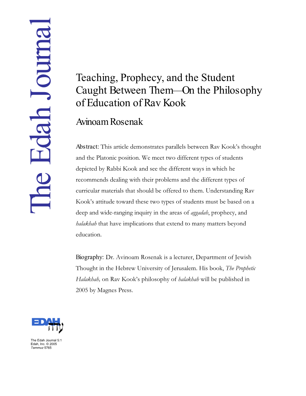 Teaching, Prophecy, and the Student Caught Between Them—On the Philosophy of Education of Rav Kook