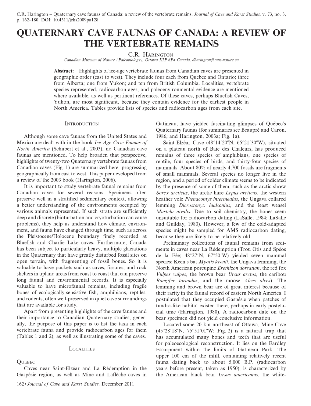 Quaternary Cave Faunas of Canada: a Review of the Vertebrate Remains