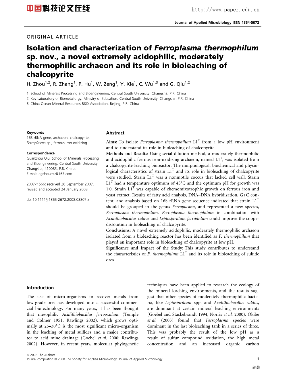 Isolation and Characterization of Ferroplasma Thermophilum Sp. Nov