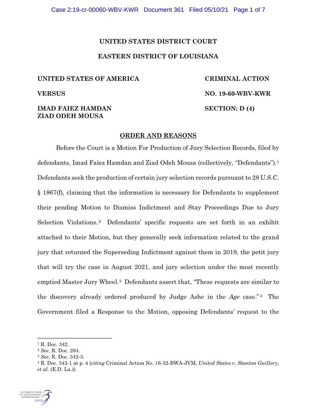 United States District Court Eastern District of Louisiana United States of America Criminal Action Versus No. 19-60-Wbv-Kwr I