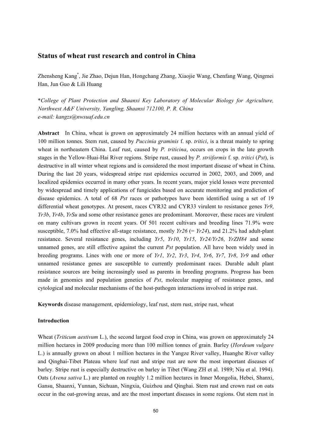 Status of Wheat Rust Research and Control in China