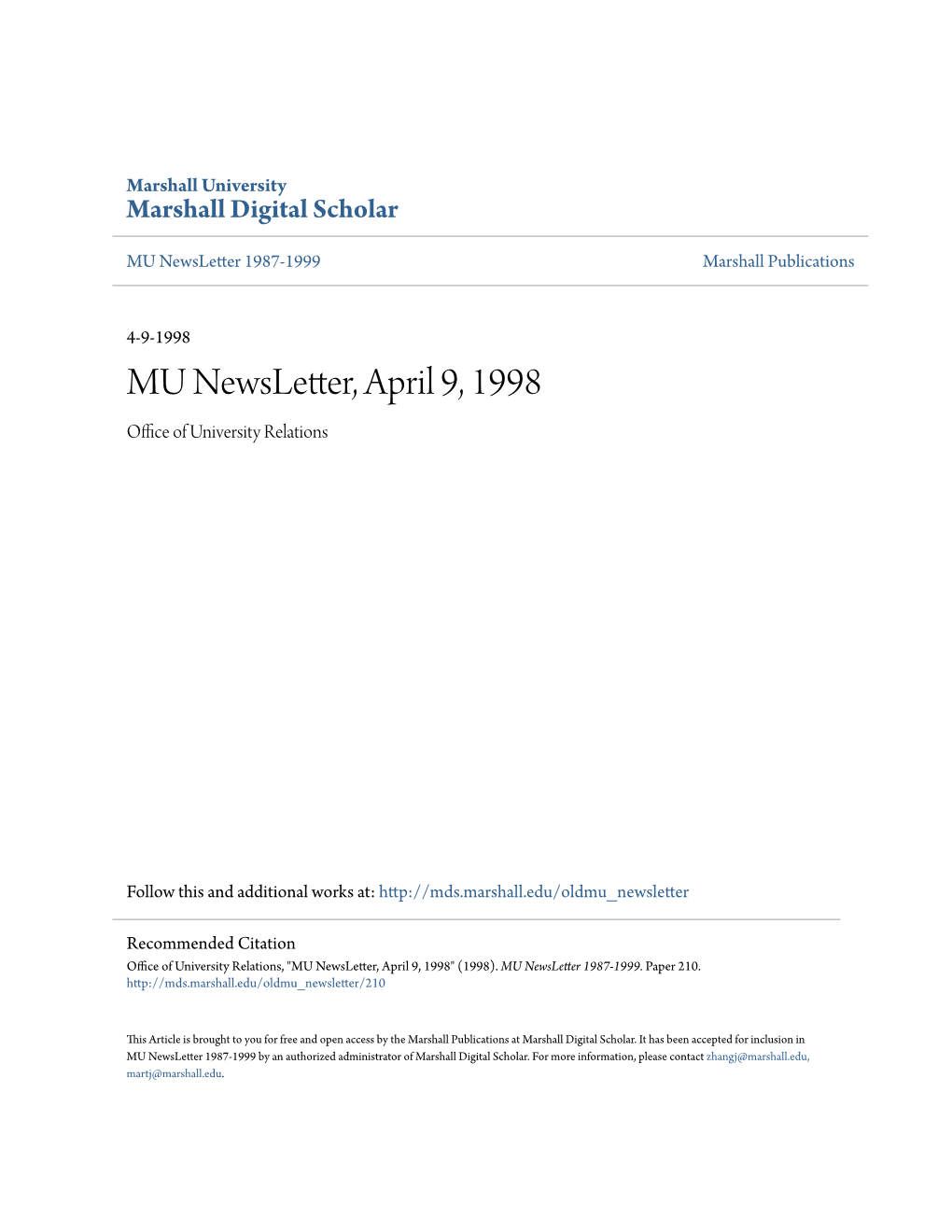 MU Newsletter, April 9, 1998 Office Ofni U Versity Relations