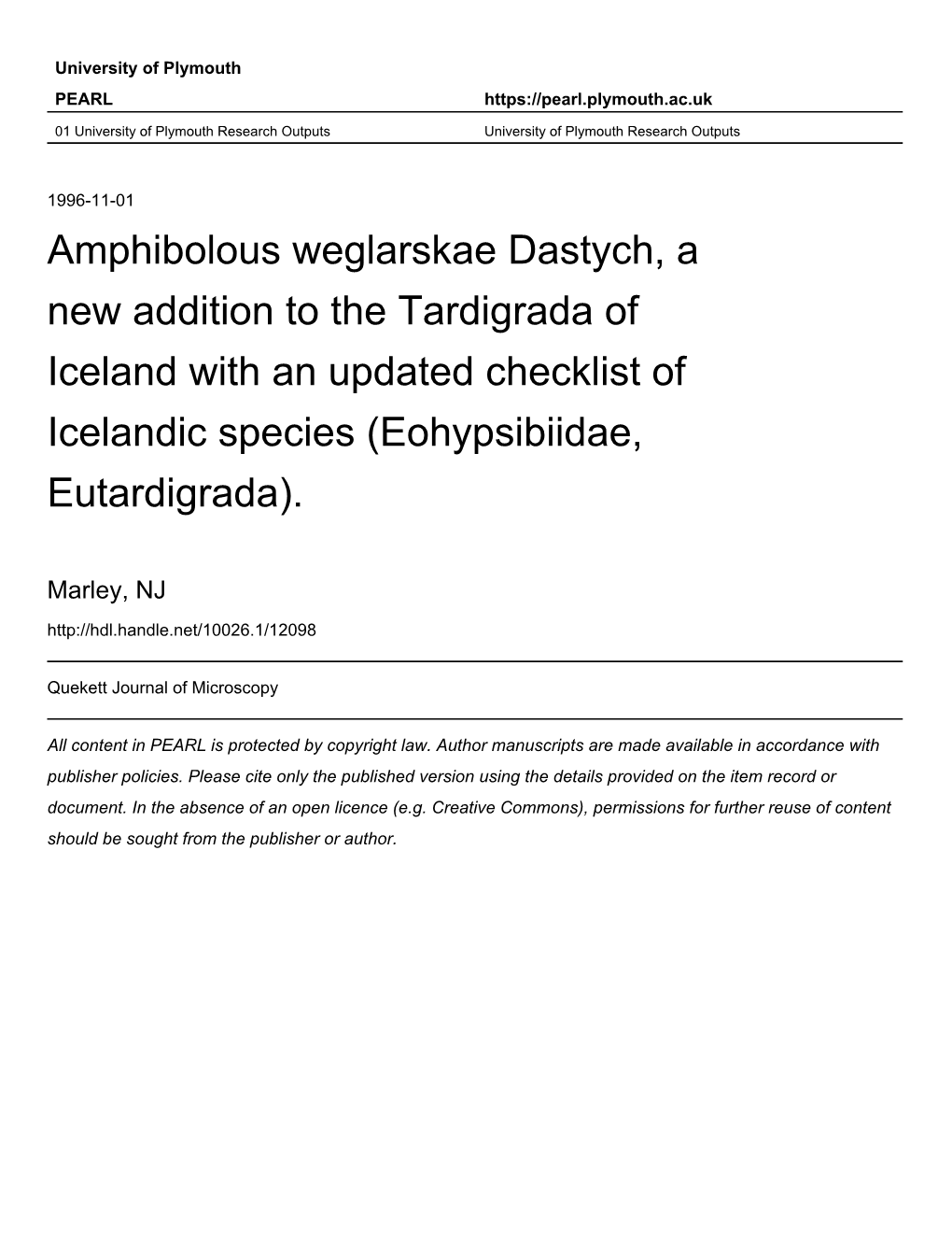 A New Addition to the Tardigrada of Iceland with an Updated Checklist of Icelandic Species (Eohypsibiidae, Eutardigrada)