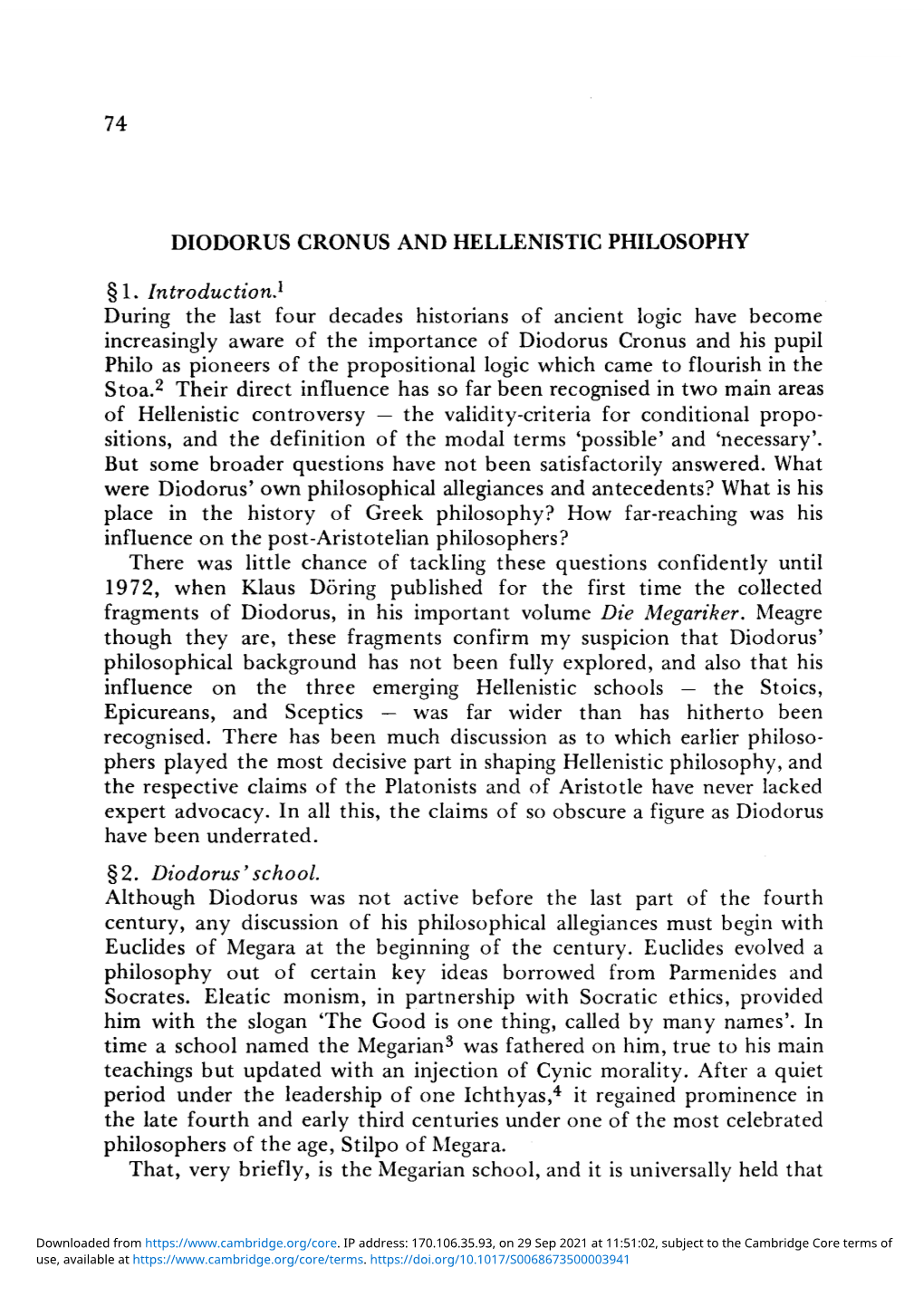 74 Diodorus Cronus and Hellenistic Philosophy §1